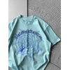 BİSİKLET YAKA TAŞLI ÖRÜMCEK BASKI OVERSİZE TSHİRT MAVİ