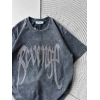 BISIKLET YAKA YIKAMALI, TAŞLI REVENGE OVERSIZE TSHIRT GRİ
