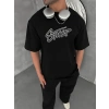 STW KABARTMA NAKIŞ BISIKLET YAKA OVERSIZE TSHIRT SİYAH