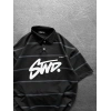 STW POLO YAKA ÇİZGİLİ OVERSİZE TİŞÖRT SİYAH