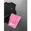 STW SİYAH NAKIŞ ATLET YAZI STW BASKI ŞORTLU TAKIM SİYAHA PEMBE