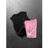 SİYAH NAKIŞ ATLET LOGO BASKI ŞORTLU TAKIM SİYAHA-PEMBE