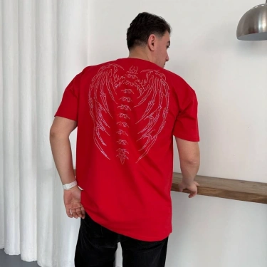 Desenli Taşlı Unisex Tshirt-Kırmızı