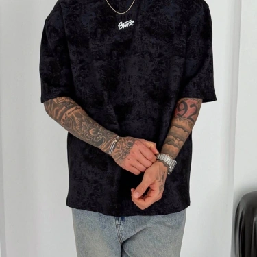 SW Yıkamalı Oversize Unisex Tişört - Siyah