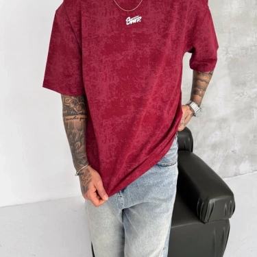 SW Yıkamalı Oversize Unisex Tişört - Bordo