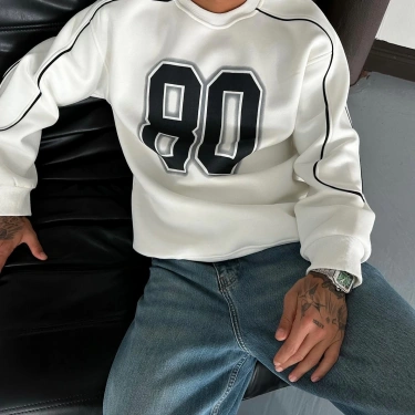 80 Şardonlu Unisex Sweatshirt-Beyaz