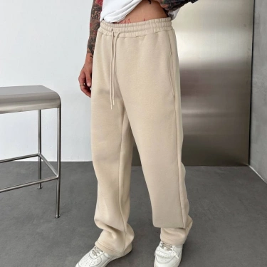 Basic Şardonlu Unisex Baggy Eşofman-Krem