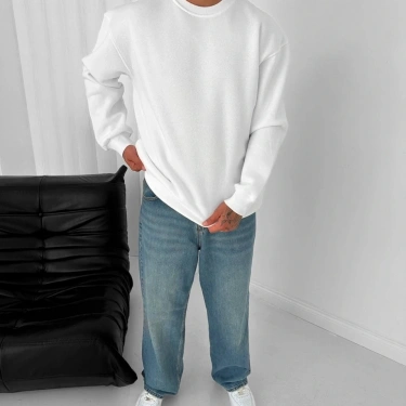 Basic Şardonlu Unisex Sweatshirt-Beyaz