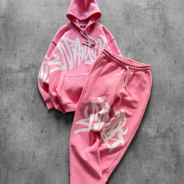 Baskılı Şardonlu Unisex Eşofman Takımı-Pembe