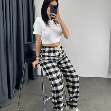 Ekose Desen Unisex Baggy Eşofman - Siyah