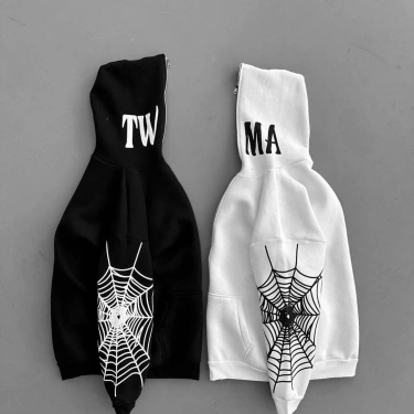 Full Zip Spider Unisex Şardonlu Hoodie-Beyaz