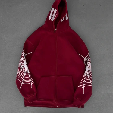 Full Zip Spider Unisex Şardonlu Hoodie-Bordo