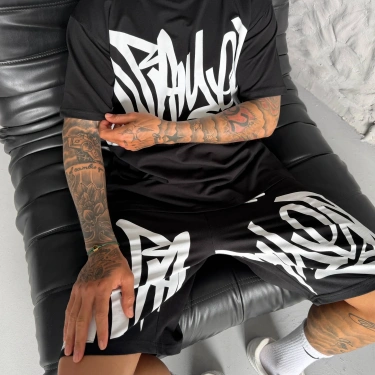 Graffiti Baskılı Unisex Şortlu Takım-Siyah