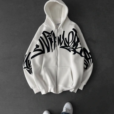 Graffiti Şardonlu Unisex Hırka - Beyaz