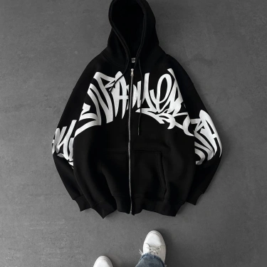 Graffiti Şardonlu Unisex Hırka - Siyah