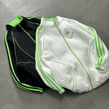 Green Neon Şeritli Şardonlu Hırka-Beyaz