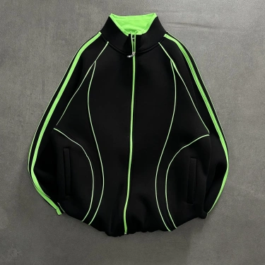 Green Neon Şeritli Şardonlu Hırka-Siyah
