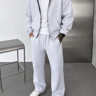 Kapüşonlu Şardonlu Unisex Eşofman Takımı-Gri