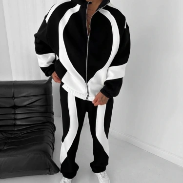 Parçalı Şardonlu Unisex Eşofman Takımı-Siyah