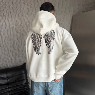 Pullu Kapüşonlu Unisex Sweatshirt-Beyaz