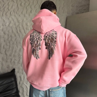 Pullu Kapüşonlu Unisex Sweatshirt-Pembe