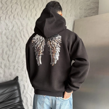Pullu Kapüşonlu Unisex Sweatshirt-Siyah