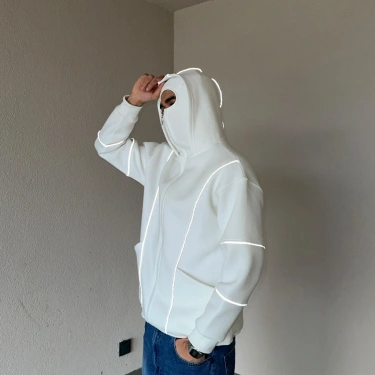 Reflektör Detaylı Maskeli Hoodie-Gri