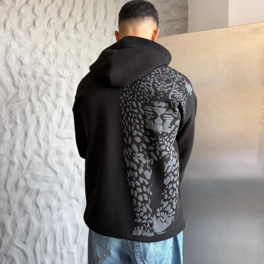 Sırt Kaplan Baskılı Unisex Sweatshirt-Siyah