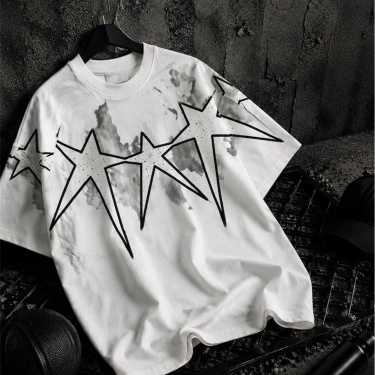Star Taşlı Unisex Oversize Tshirt-Beyaz