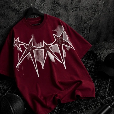 Star Taşlı Unisex Oversize Tshirt-Bordo