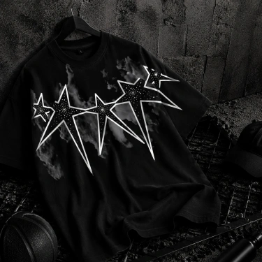 Star Taşlı Unisex Oversize Tshirt-Siyah