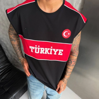 Türkiye Nakışlı Oversize Atlet- Siyah
