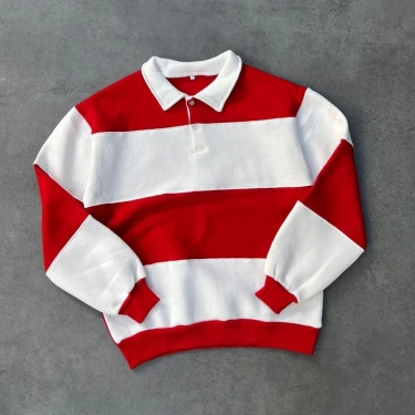 V Polo Yaka Şardonlu Unisex Sweatshirt-Kırmızı