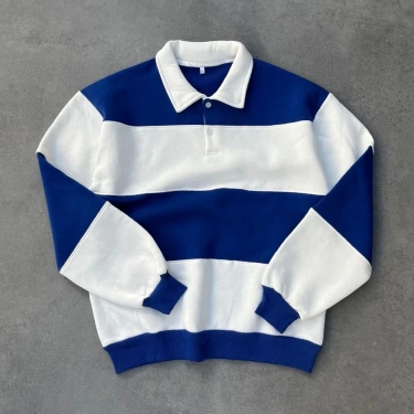 V Polo Yaka Şardonlu Unisex Sweatshirt-Mavi