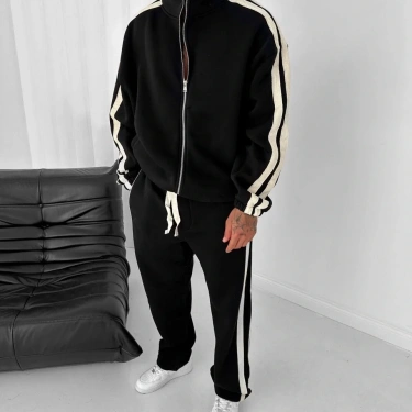 Yan Şeritll Şardonlu Unisex Eşofman Takımı-Siyah