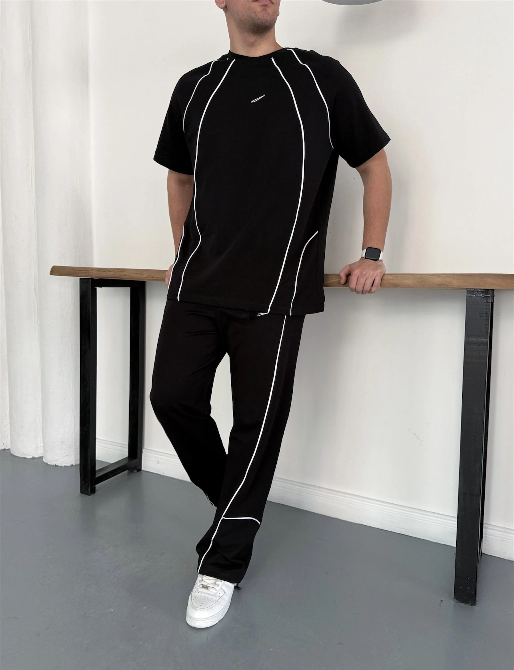 NK Logolu Biyeli Unisex Eşofman Takımı -Siyah