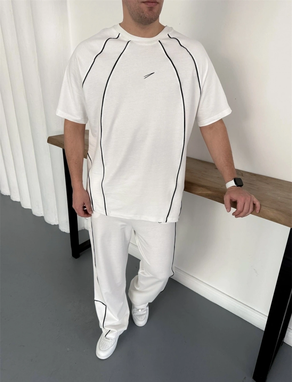 NK Logolu Biyeli Unisex Eşofman Takımı -Beyaz