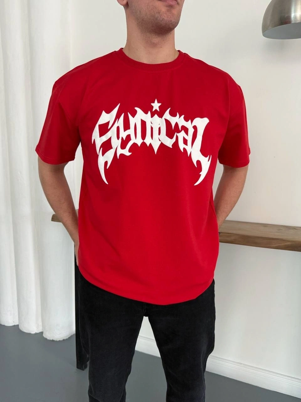 Desenli Taşlı Unisex Tshirt-Kırmızı