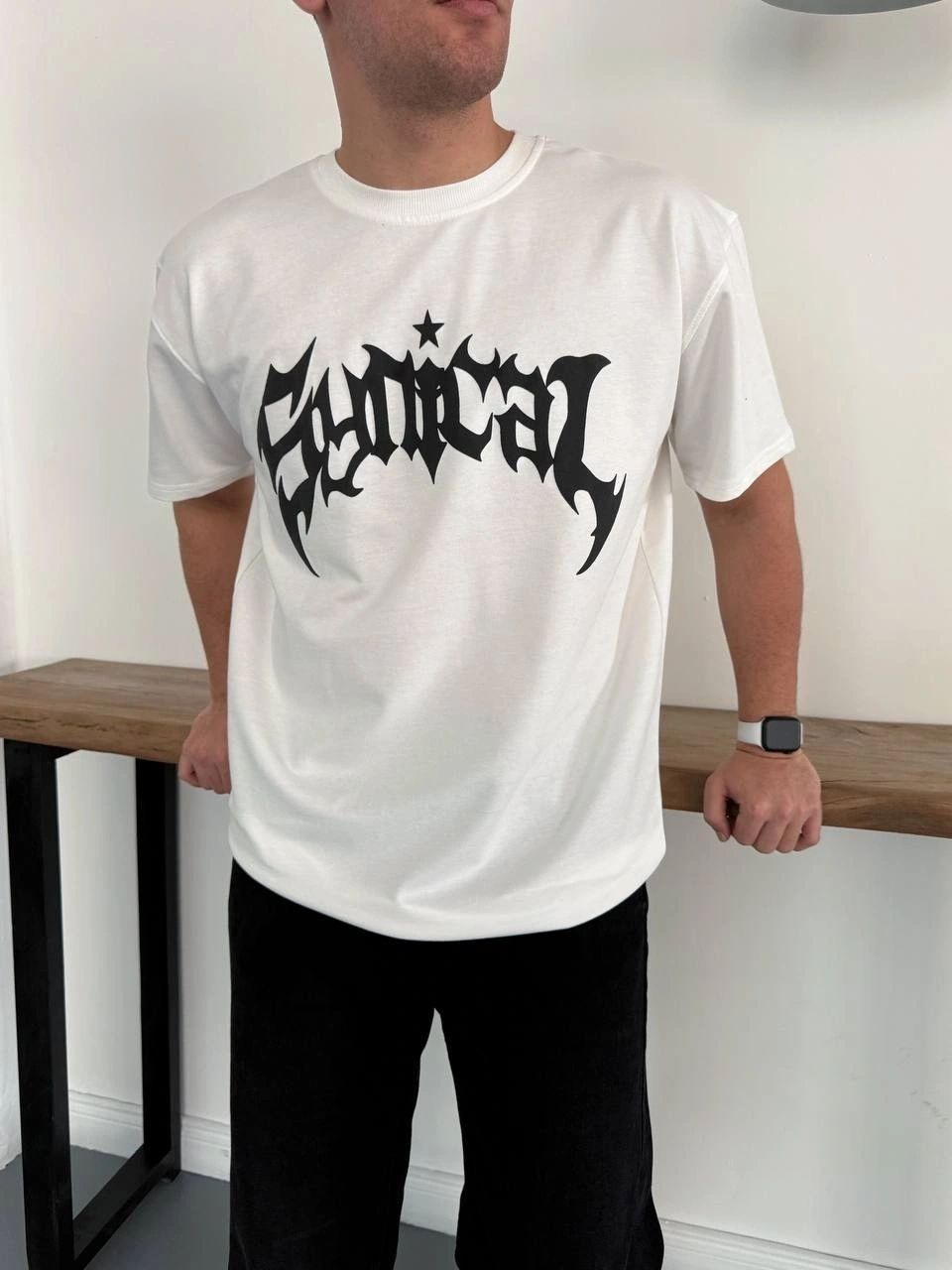 Desenli Taşlı Unisex Tshirt-Beyaz