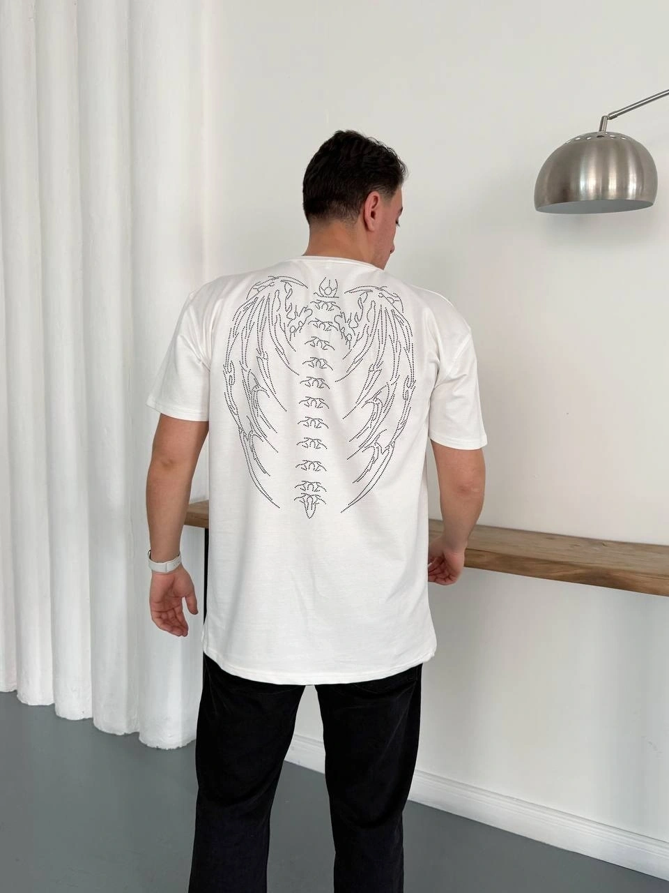 Desenli Taşlı Unisex Tshirt-Beyaz