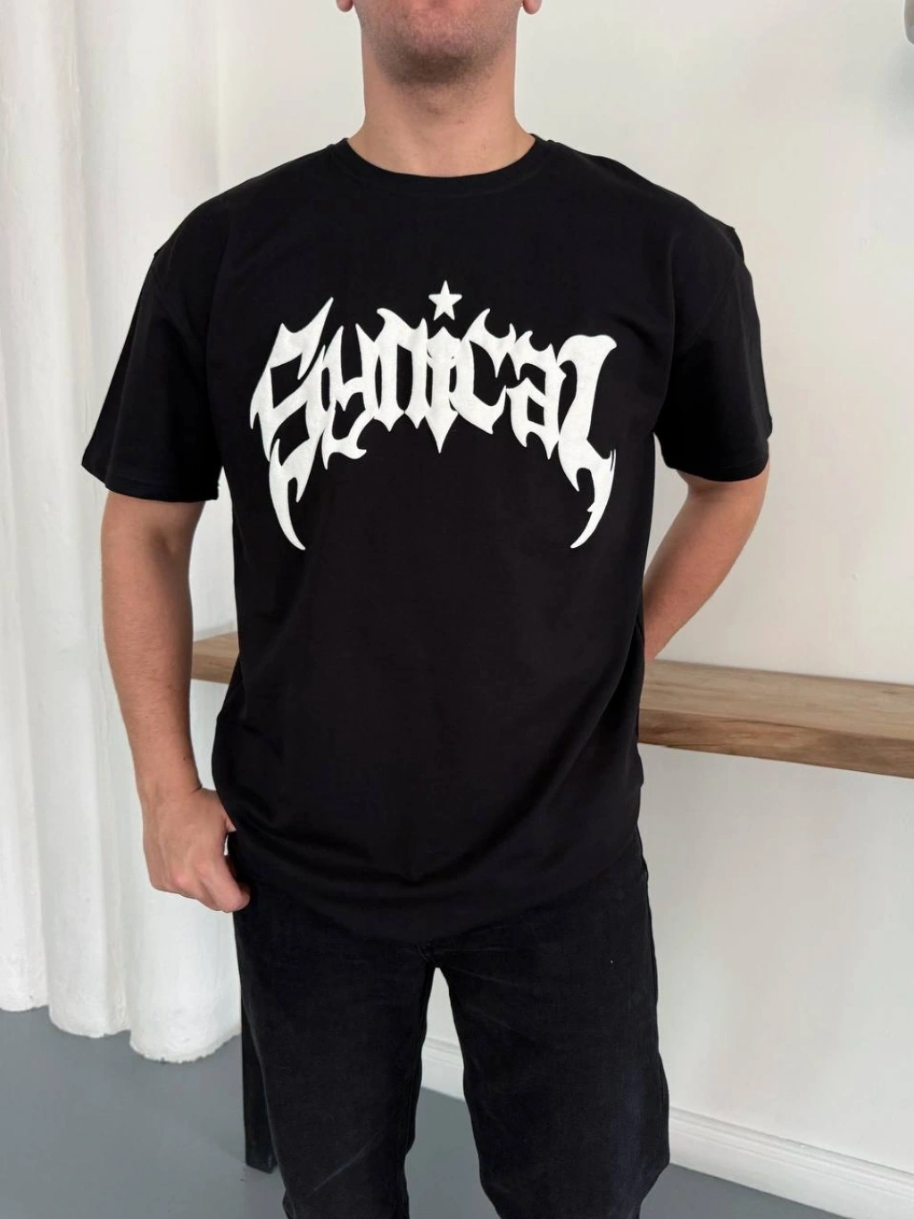 Desenli Taşlı Unisex Tshirt-Siyah