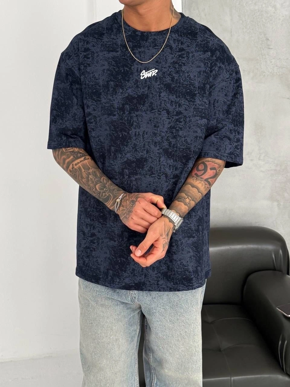 SW Yıkamalı Oversize Unisex Tişört - Lacivert