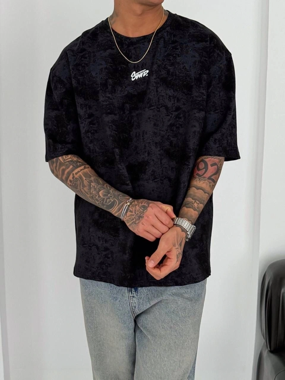 SW Yıkamalı Oversize Unisex Tişört - Siyah