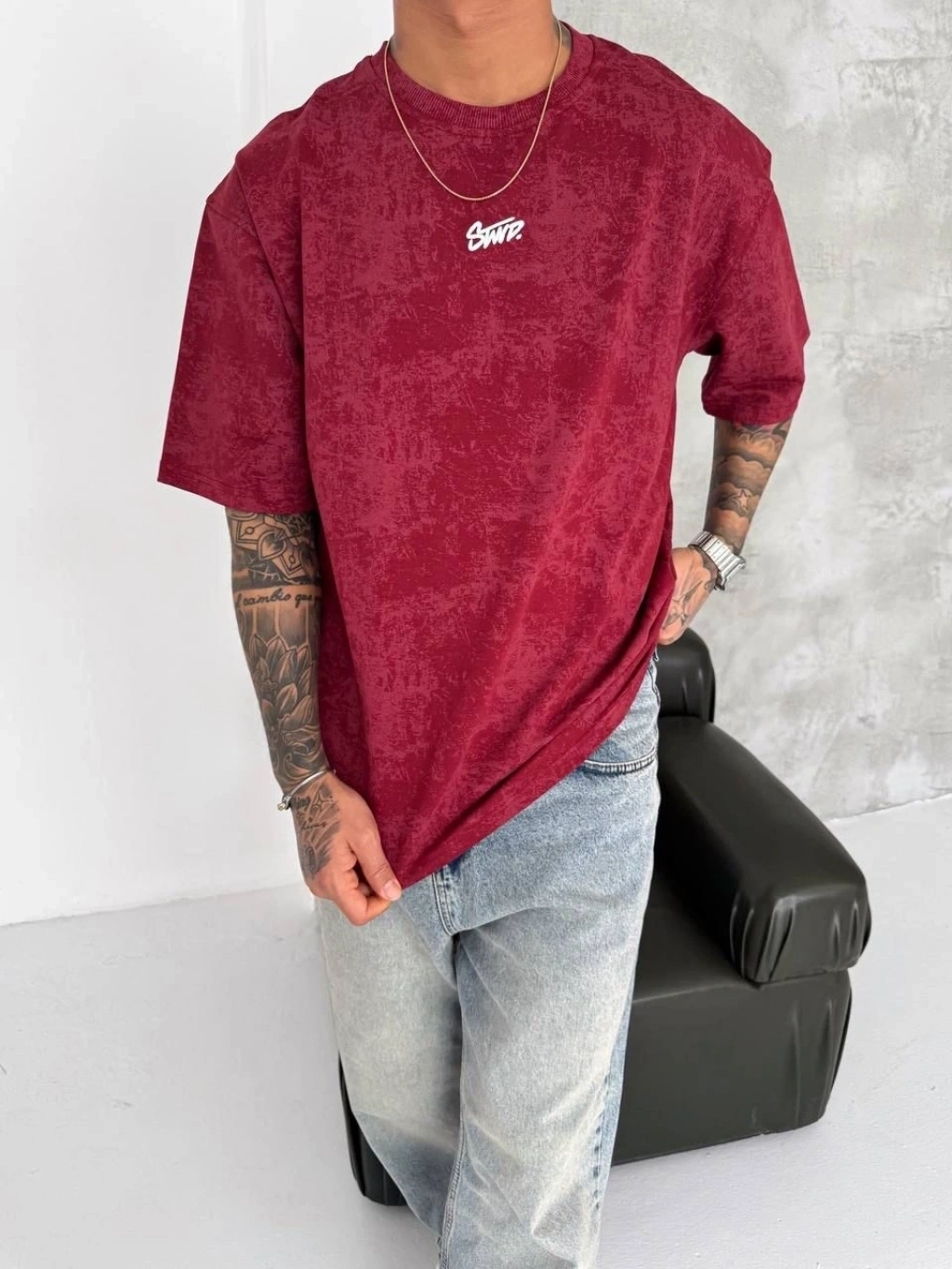 SW Yıkamalı Oversize Unisex Tişört - Bordo