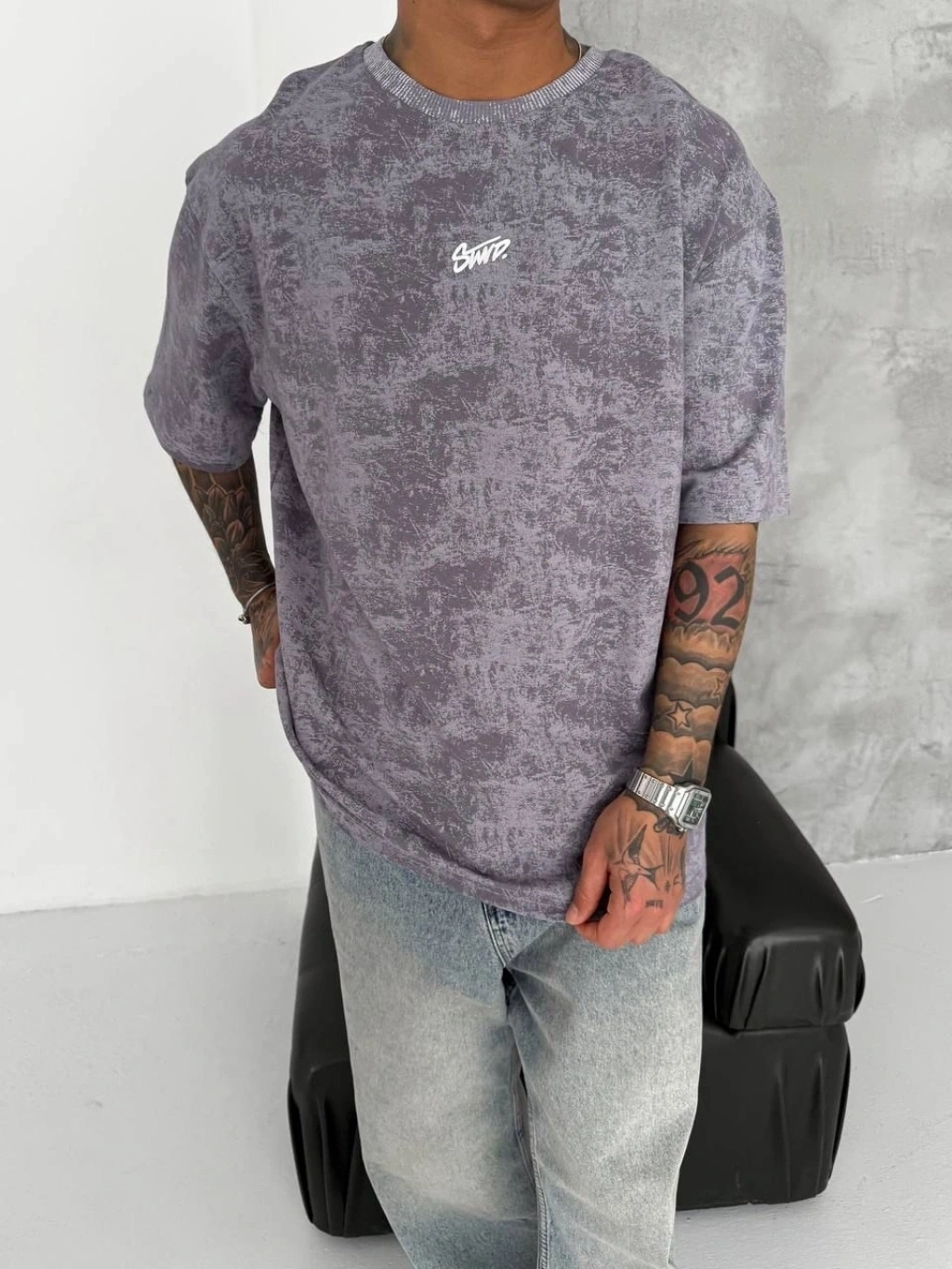 SW Yıkamalı Oversize Unisex Tişört - Gri