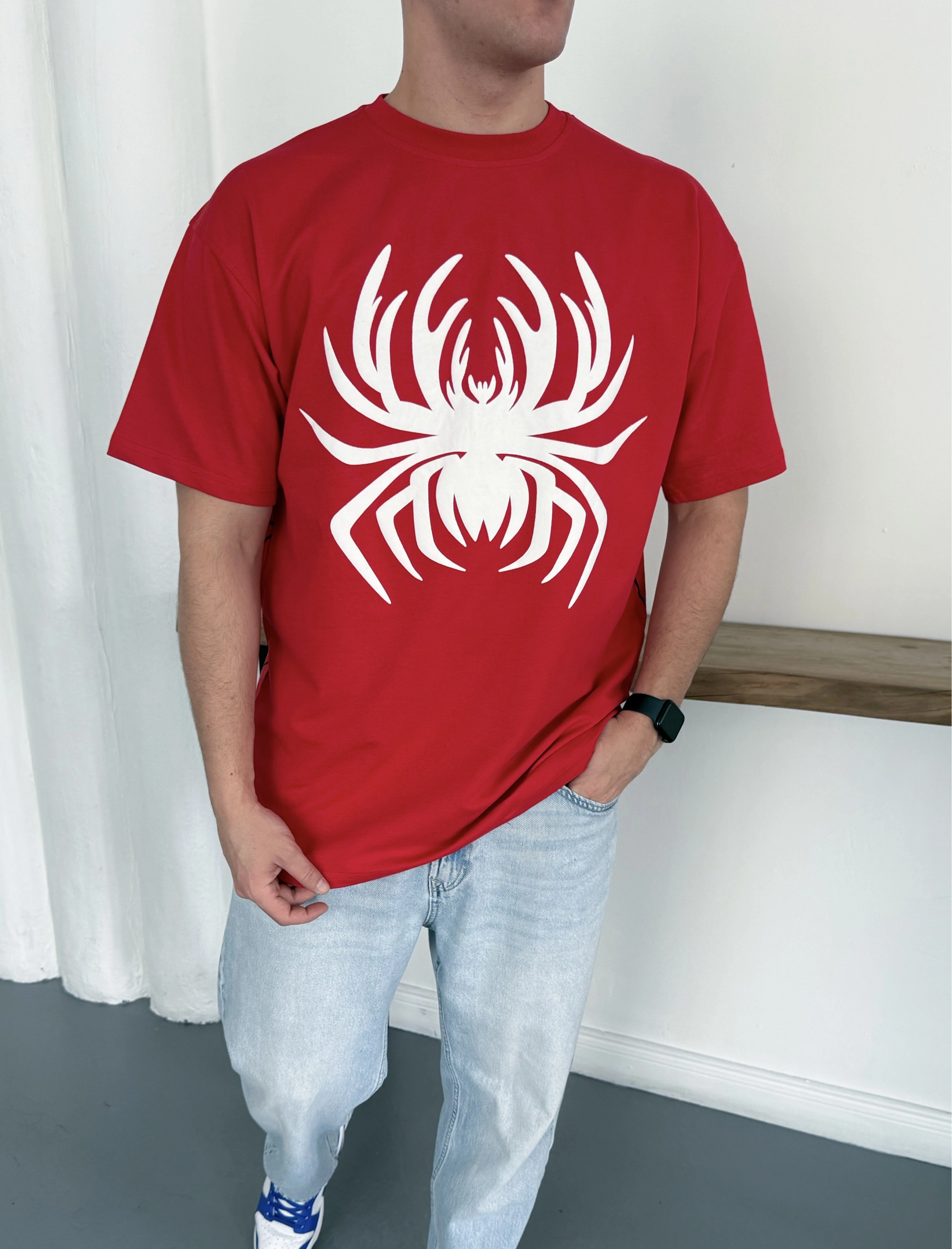 Spider Oversize Unisex Tişört - Kırmızı