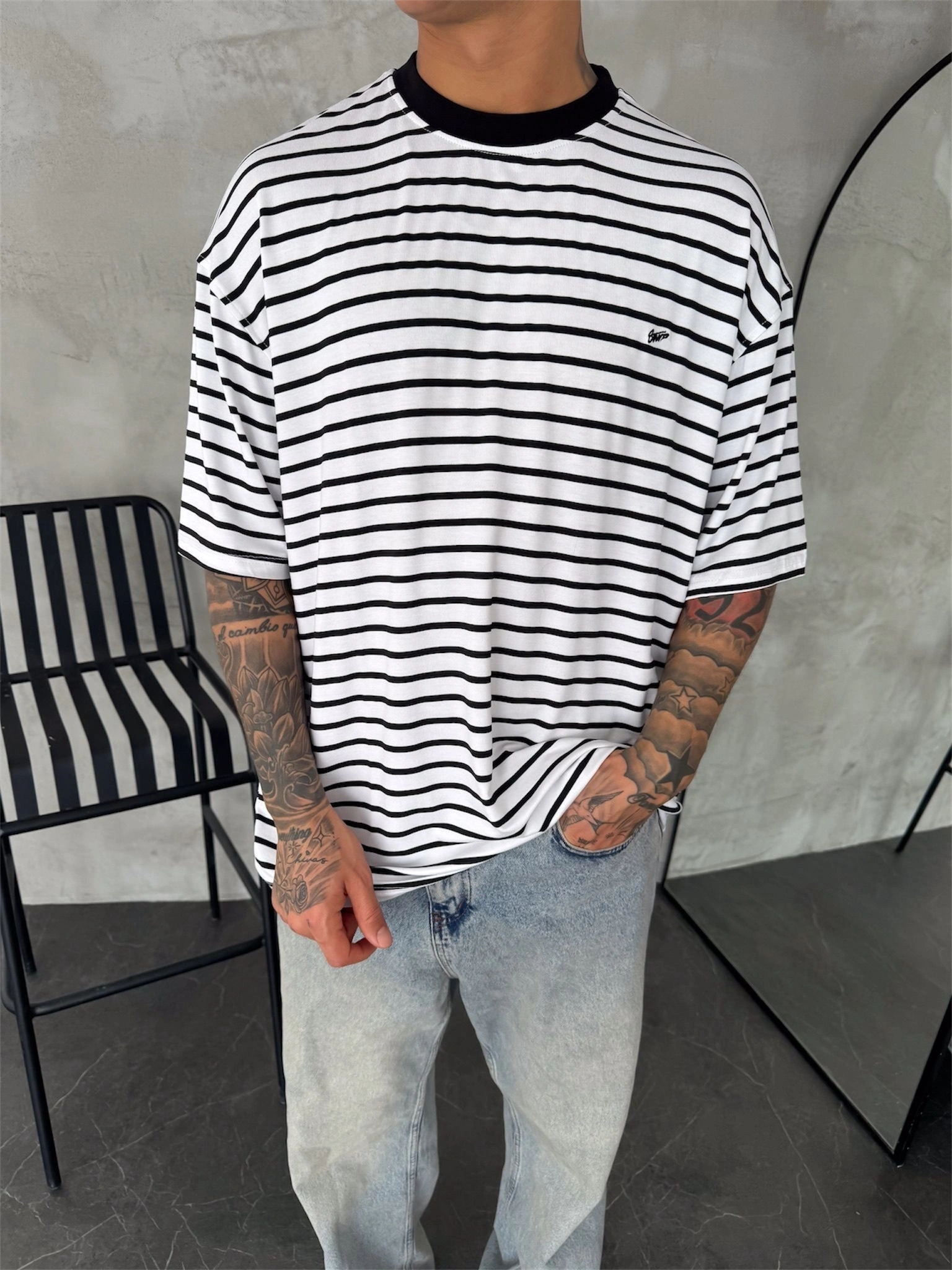 SW Çizgili Oversize Unisex Tişört - Beyaz