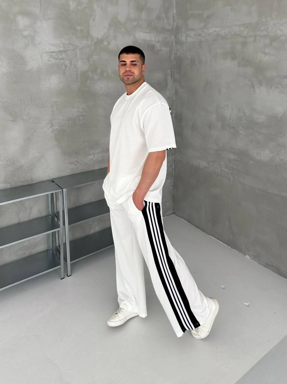 Çıtçıtlı Unisex Oversize Eşofman Takımı-Beyaz