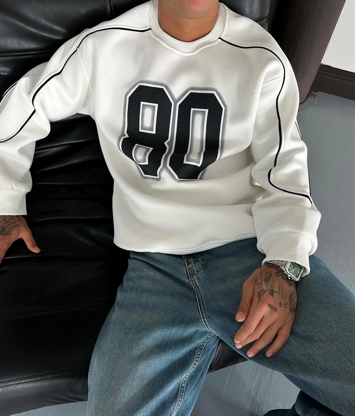 80 Şardonlu Unisex Sweatshirt-Beyaz