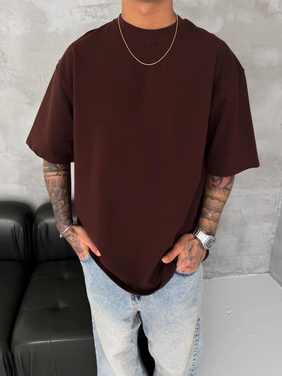 Basic New Season Unisex Tshirt-Kahvrengi